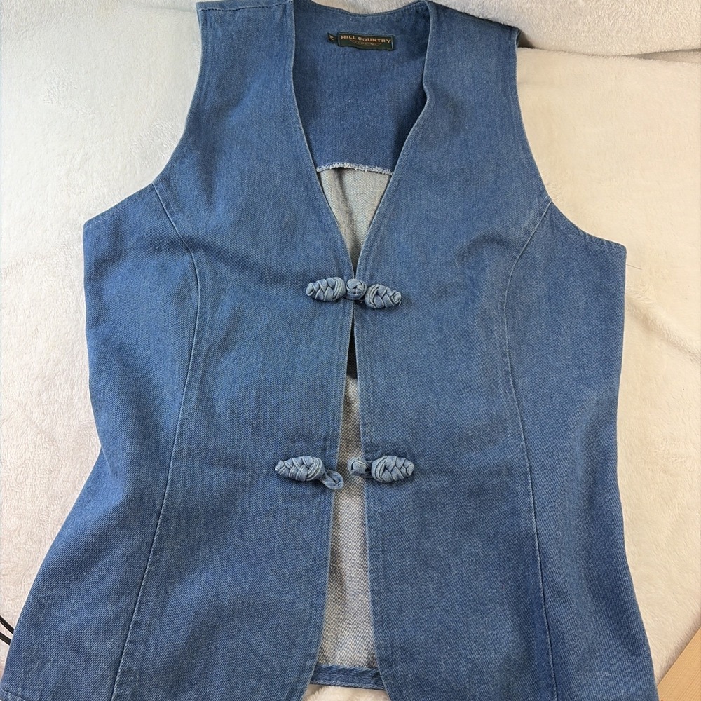 Vintage Hill Country Clothiers Denim Vest Blue Med Boho Western Frog Closures